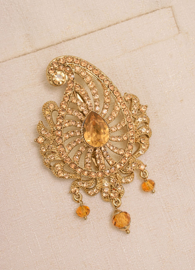 Amber Yellow Stone Embedded Paisely Brooch image number 1